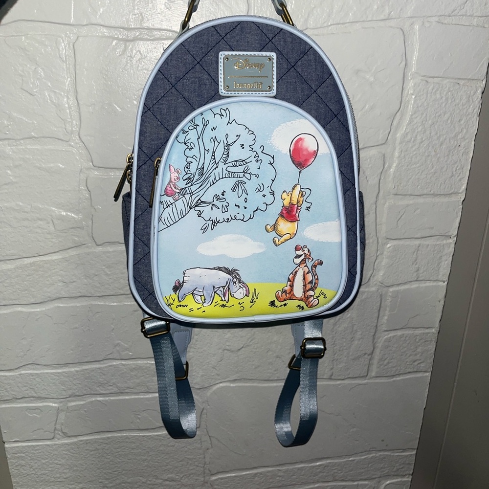 Loungefly Disney Winnie The Pooh Nwot Denim Backpack Vegan Leather - Picture 9 of 13